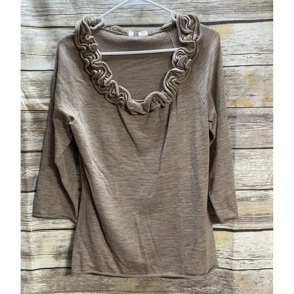 Anthropologie‎ Moth Ruffle Sweater Women's Large Tan Wool Blend Quality